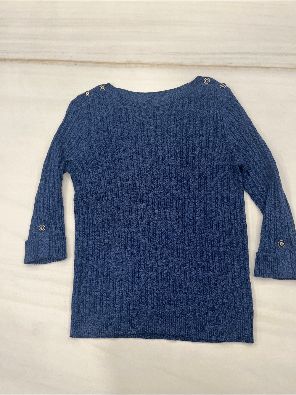 Alia Navy Cable-Knit Boatneck Sweater with Button Accents